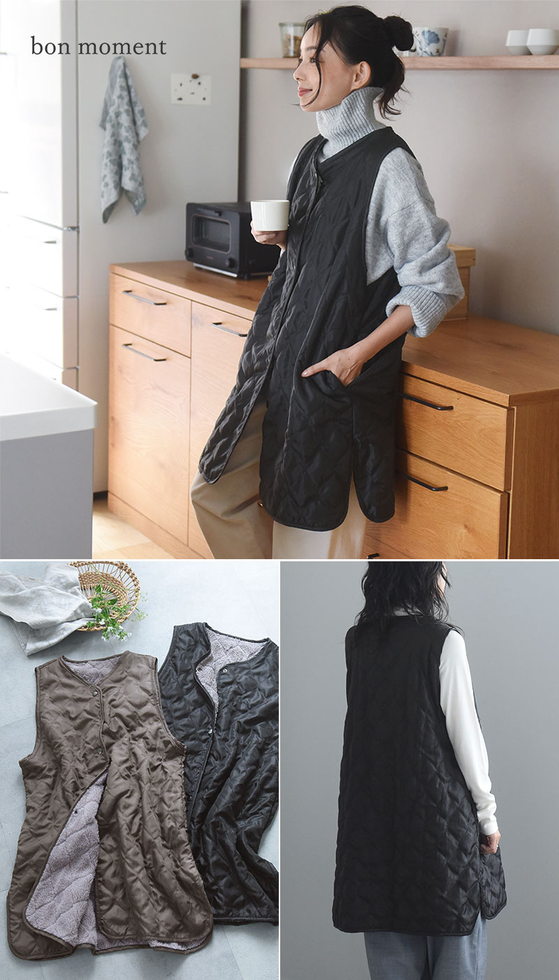 bon moment 軽くてあったか アウター感覚で着れる 裏ボア キルトエプロン/ボンモマン