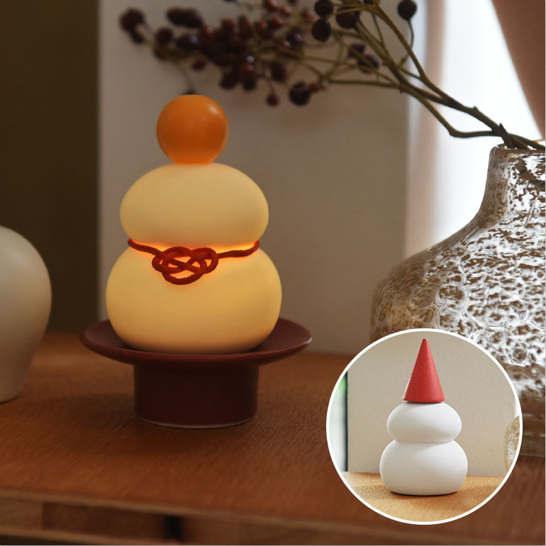 半磁器のLEDライト 鏡餅＆雪だるま／shesay